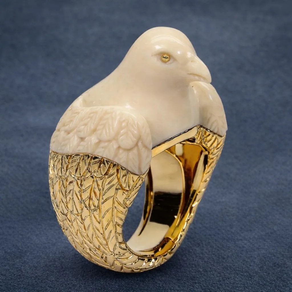Paris Reid campaign still: carved bird ring on a generated set