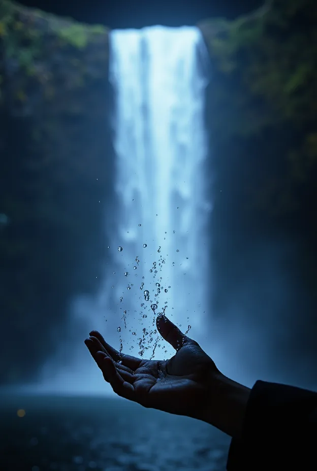 Bloom: hand catching droplets before a moonlit waterfall
