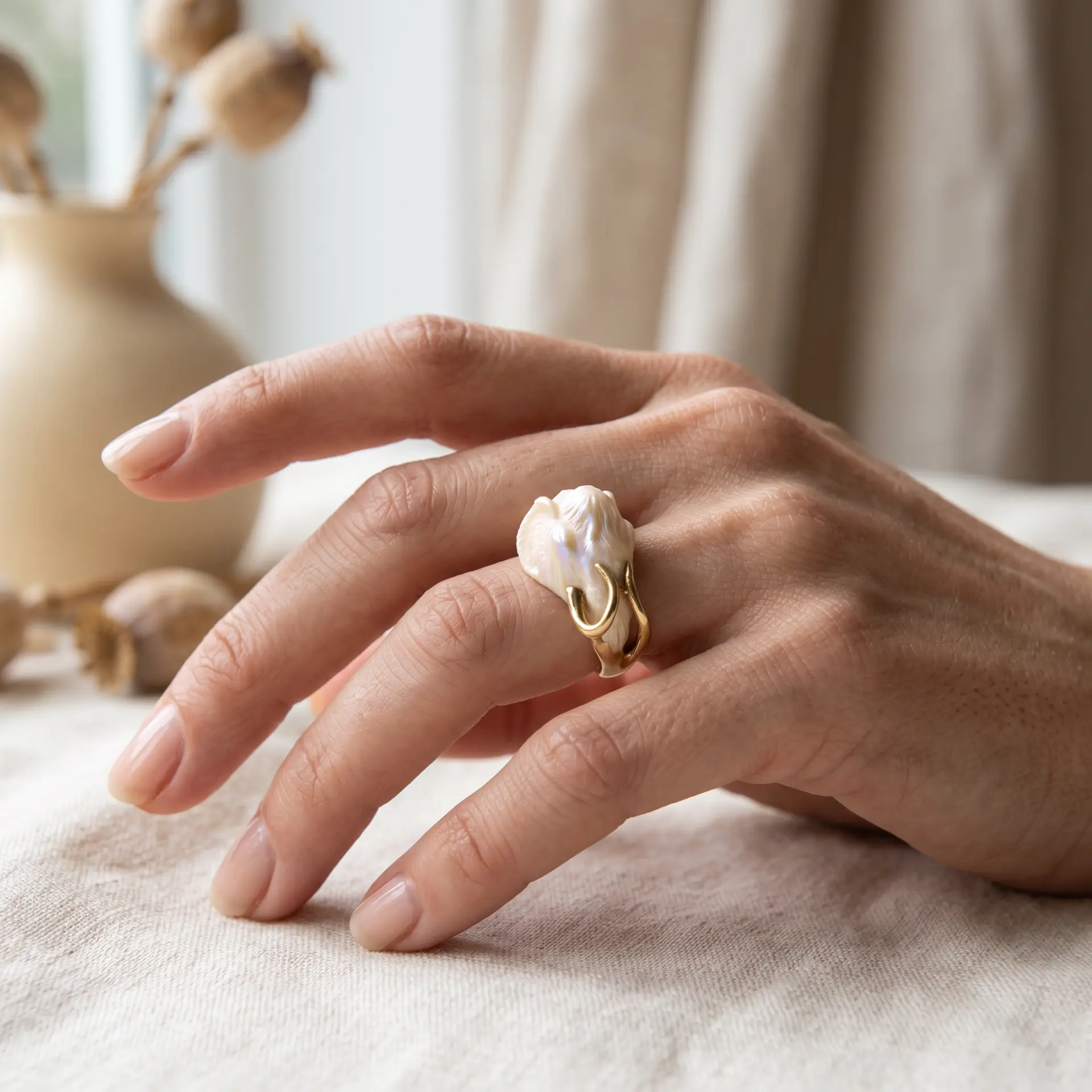 Paris Reid campaign still: baroque pearl ring worn on a hand in soft window light