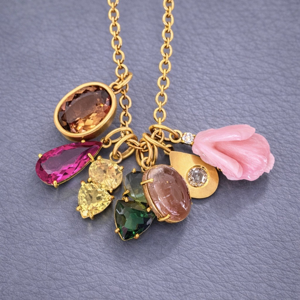Paris Reid campaign still: gold charm necklace on a generated set