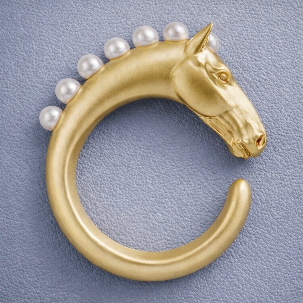 Paris Reid campaign still: gold horse head cuff on a generated set