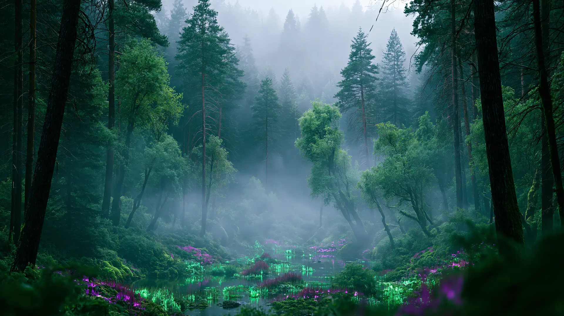 Bloom: bioluminescent forest clearing at dusk
