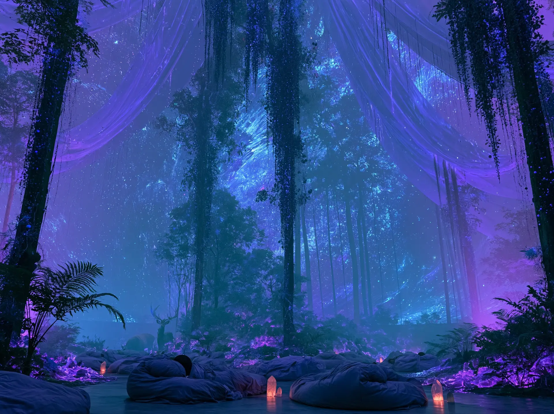 Bloom: violet bioluminescent jungle lounge with bean bags