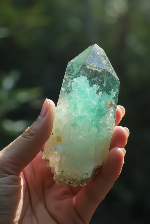 Bloom: hand holding a green crystal in dappled light