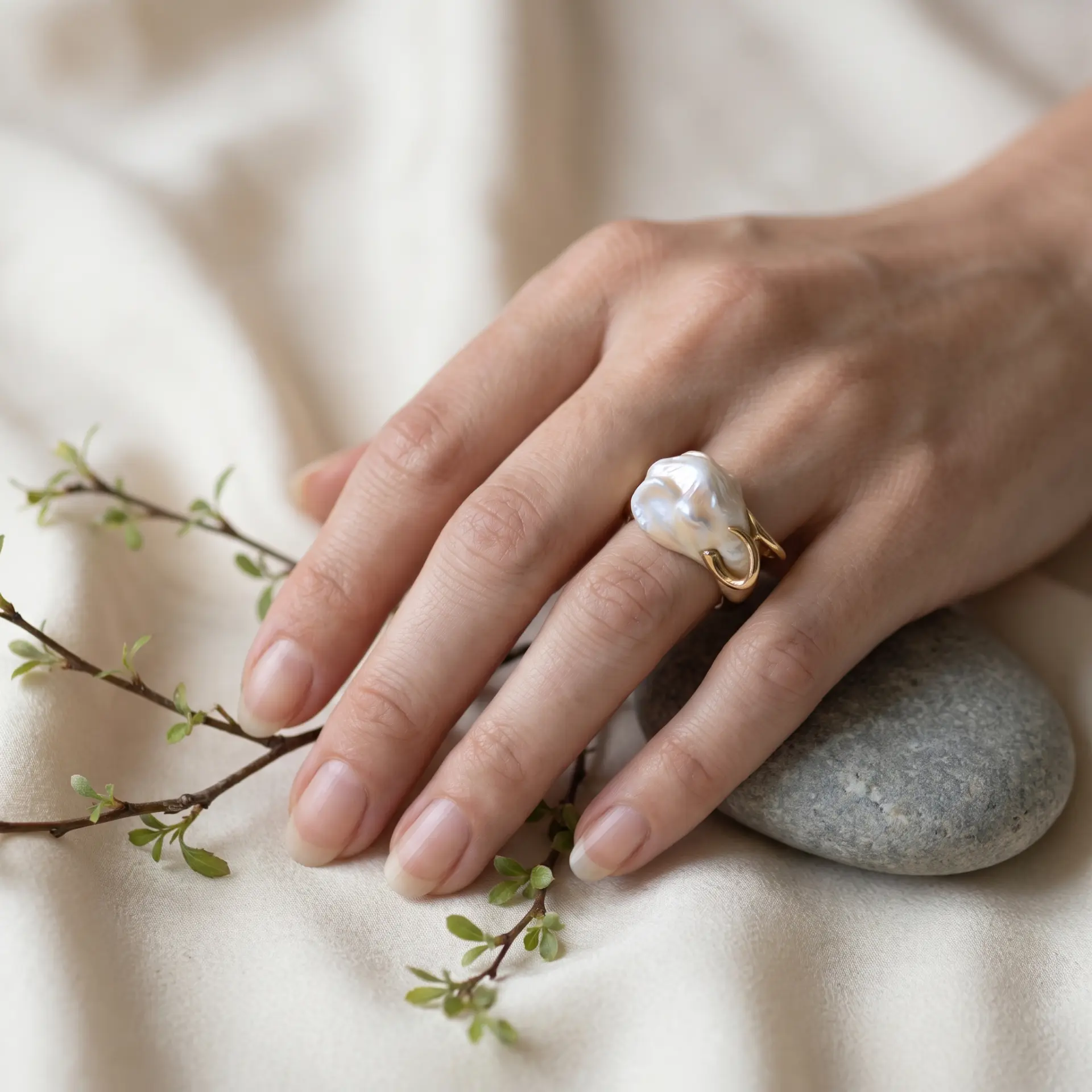 Paris Reid campaign still: baroque pearl ring worn on a hand beside a stone