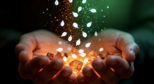 Bloom: cupped hands holding glowing embers and falling petals