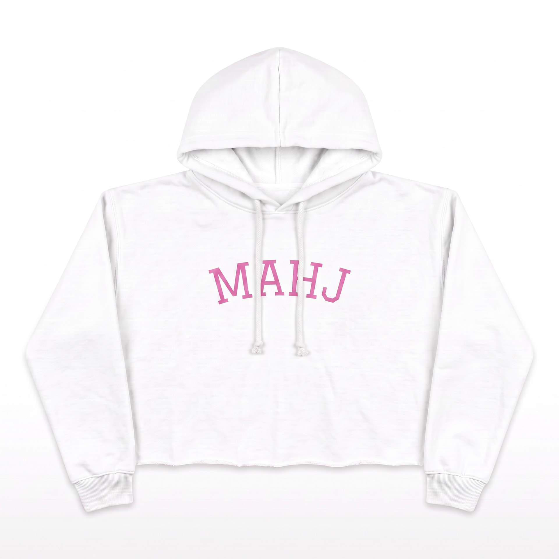 Born to Mahjongg reference photo: white cropped MAHJ hoodie flat lay