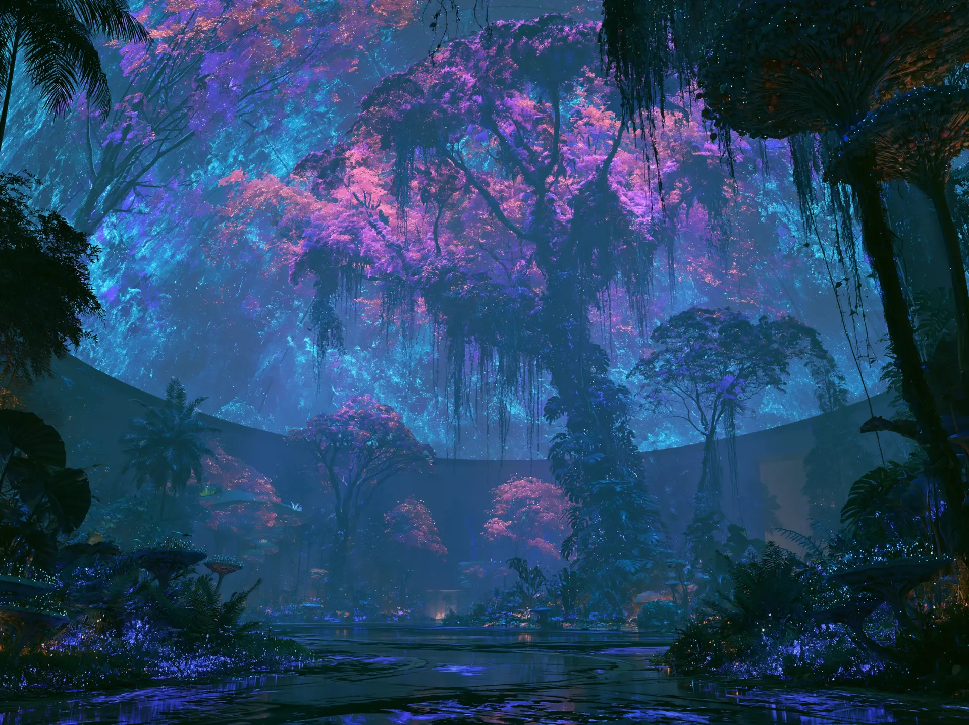 Bloom: glowing pink and blue jungle canopy over still water